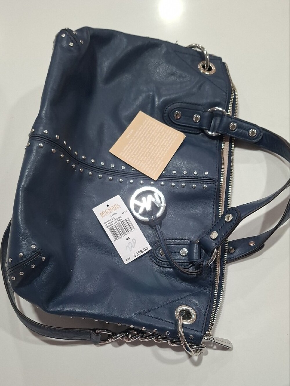 Michael Kors Navy Leather Studded Shoulder Bag with Silver Chain Never Used